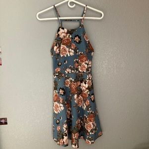 blue floral print open back skater dress